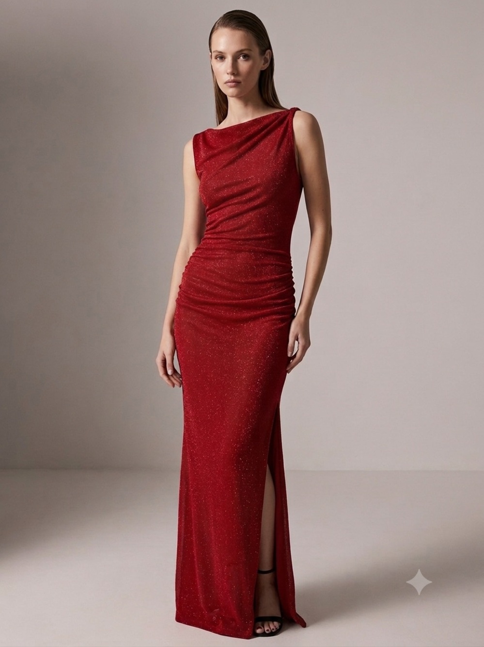 Runaway The Label Red Metallic Formal Evening Gown Ruched Prom Dress Size Small